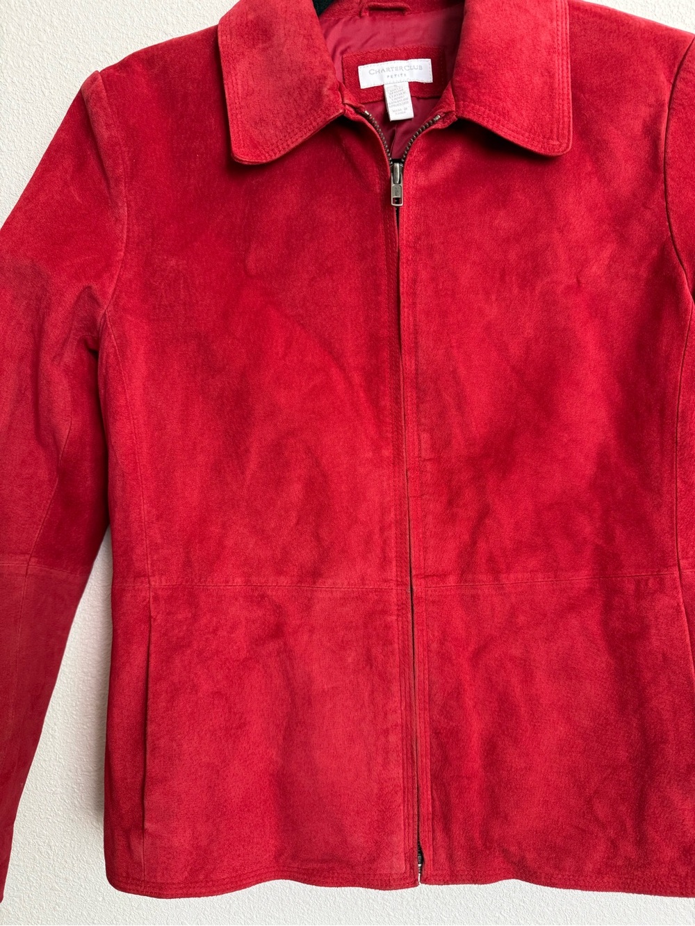 Charter Club Petite Red Suede Leather Jacket Y2K Moto Zip Front 90s Minimalist - Picture 3 of 13